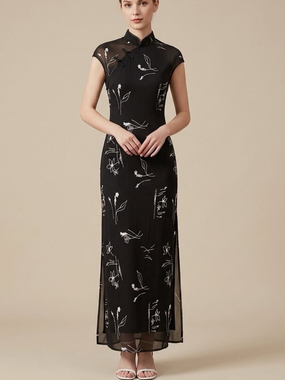 Vintage Dark Brown Semi Sheer Floral Cheongsam Qipao Maxi Dress